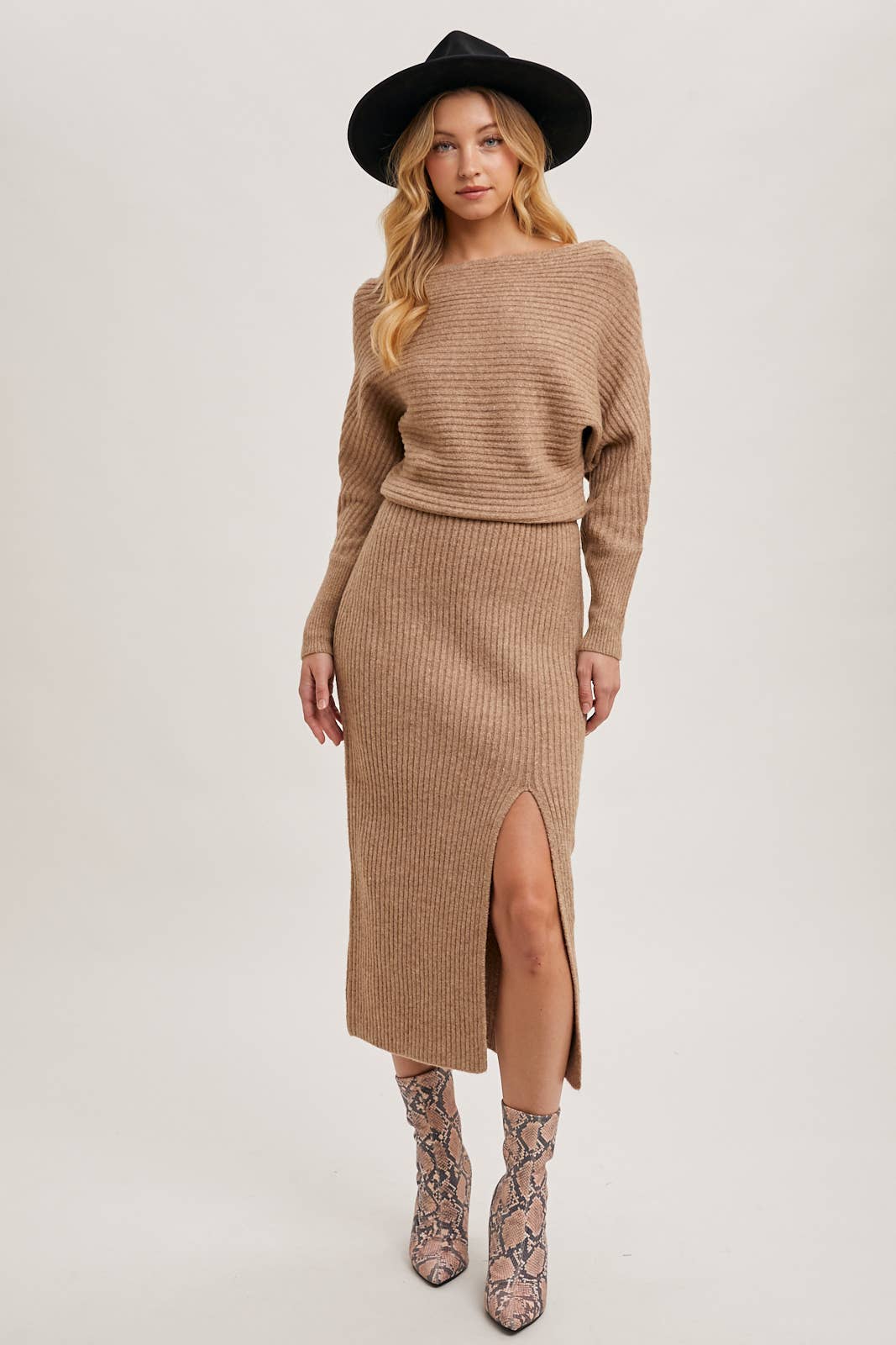 ONE SHOULDER OFF SIDE SLIT MIDI KNIT SWEATER DRESS Bluivy