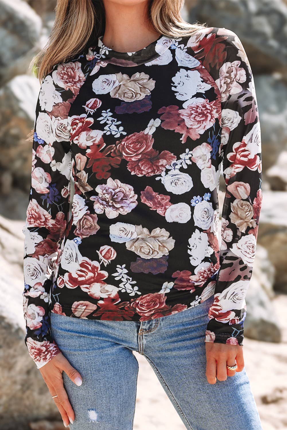 Floral Mesh Long Sleeve Top LALA LOO