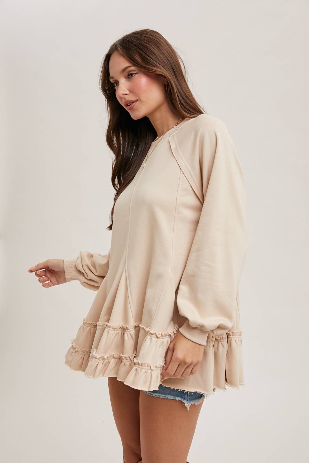 FRENCH TERRY RUFFLED TIERED HEM TUNIC SWEATSHIRT Bluivy