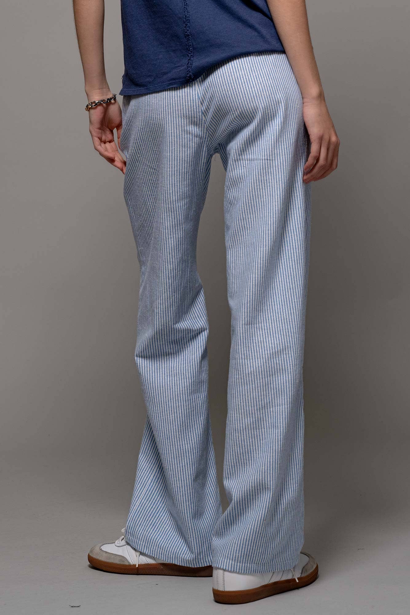 Blue Pinstripe Drawstring Wide Leg Lounge Pants
