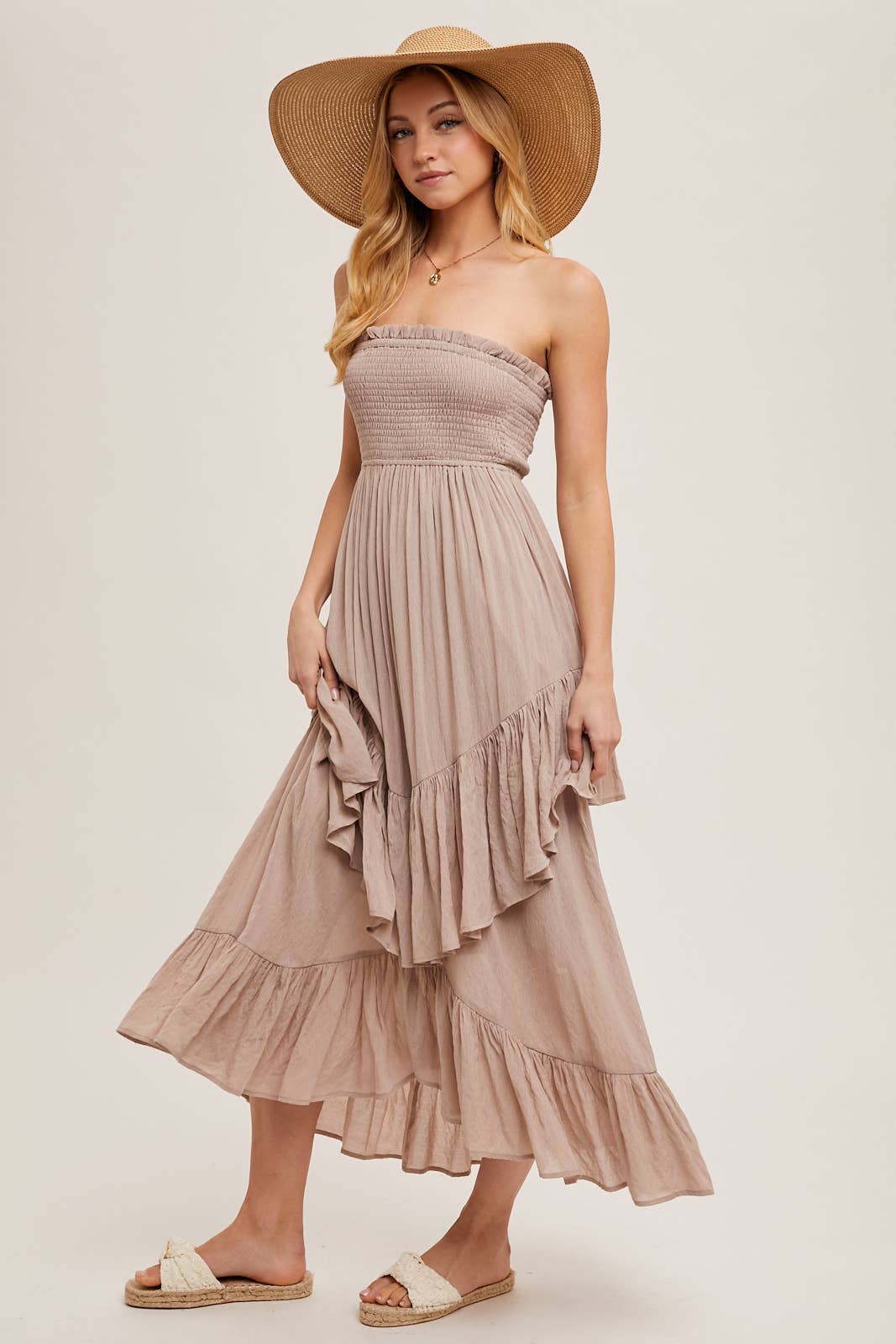 FINAL SALE- BOHO SMOCKED STRAPLESS TIERED RUFFLE MIDI DRESS