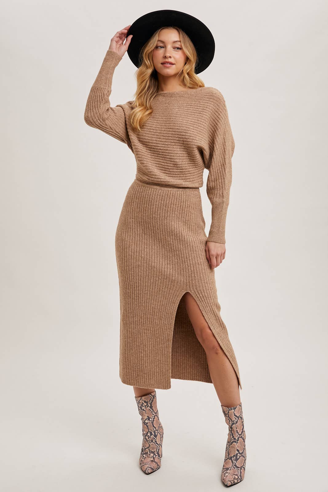 ONE SHOULDER OFF SIDE SLIT MIDI KNIT SWEATER DRESS Bluivy