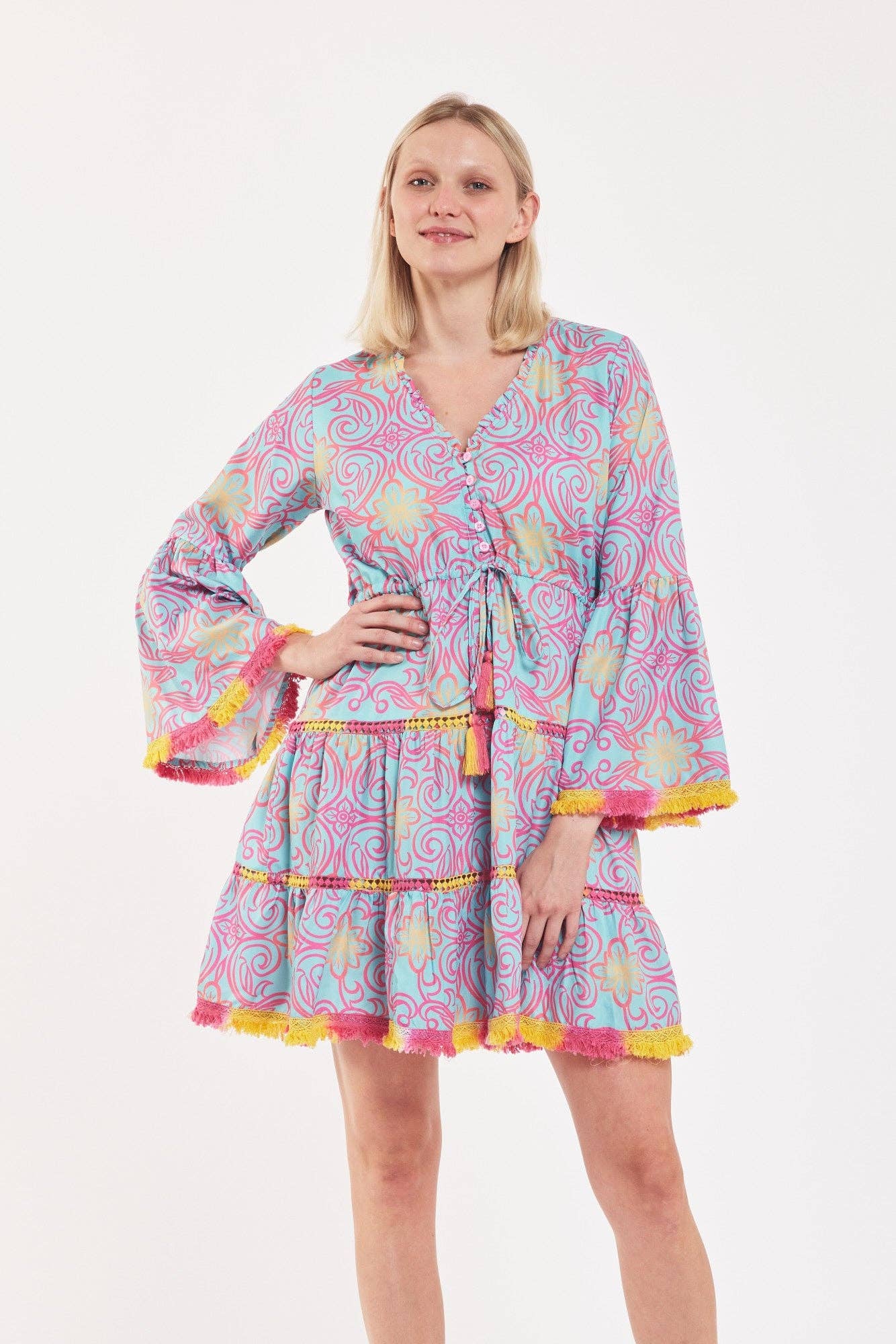 FINAL SALE- Desideria Dress Majolica Arbor Blue Red Gold Spring Summer