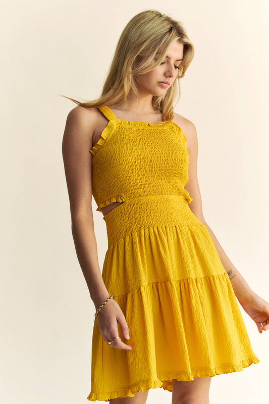 TEXTURED OPEN BACK SMOCKING CUT OUT MINI DRESS