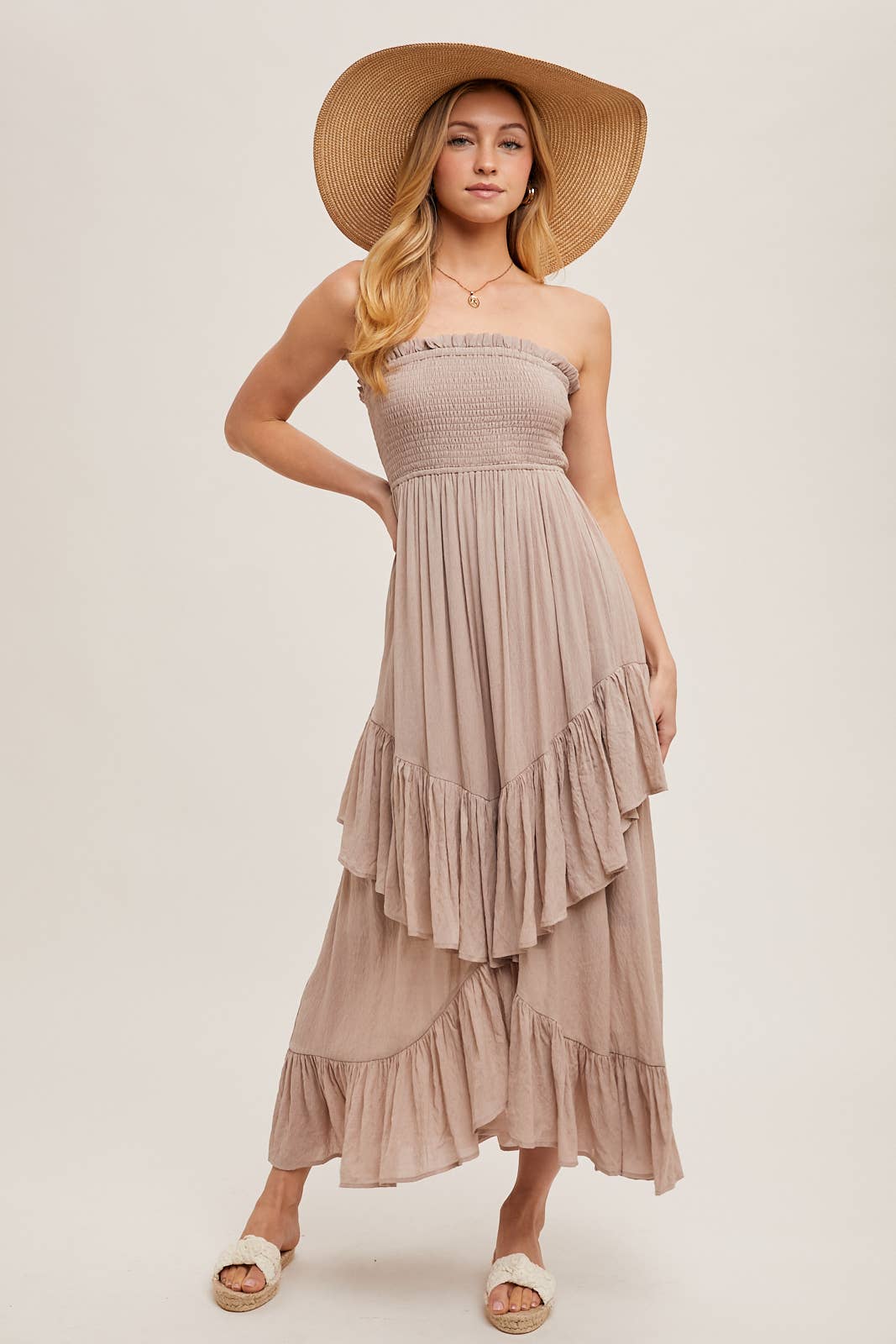 FINAL SALE- BOHO SMOCKED STRAPLESS TIERED RUFFLE MIDI DRESS