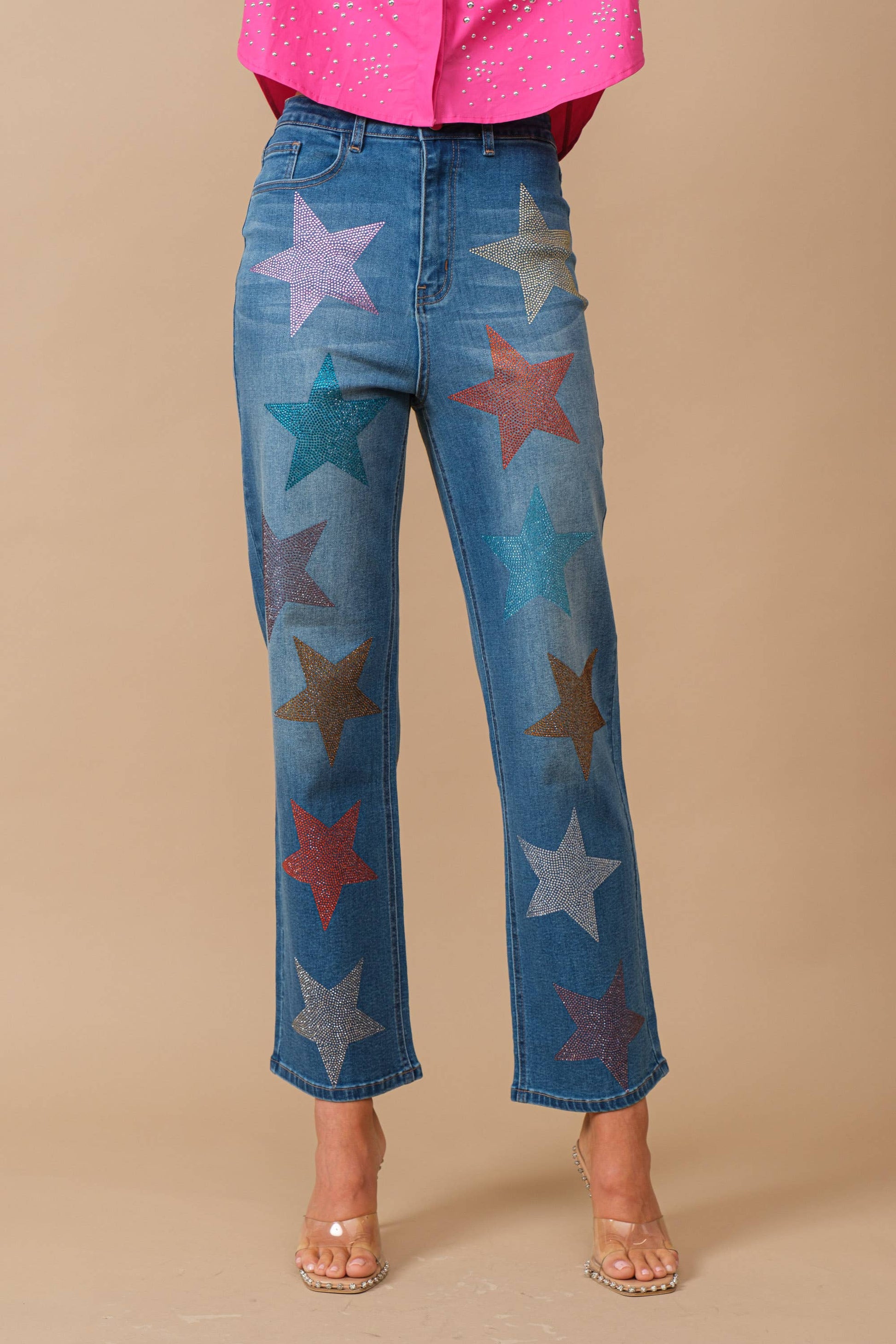 80024P - Star Rhinestone Embellishment Straight Leg Jeans Blue B
