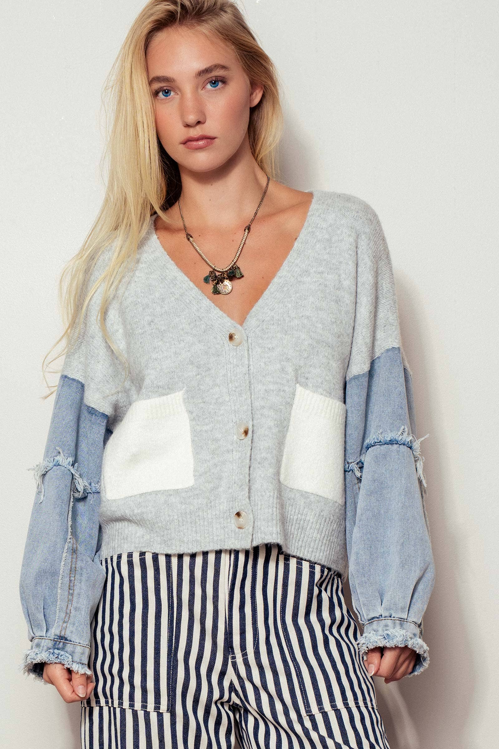 Denim Sleeve Knit Cardigan Casual Sweater Top Urban Daizy