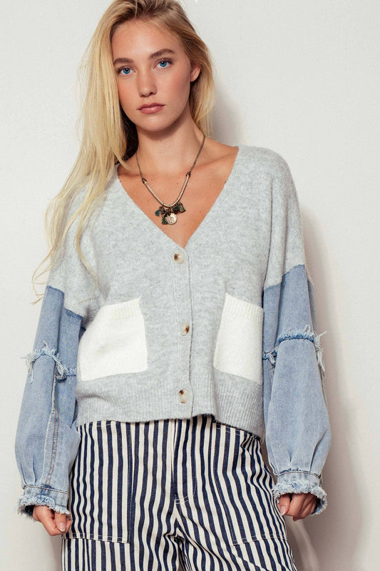 Denim Sleeve Knit Cardigan Casual Sweater Top Urban Daizy