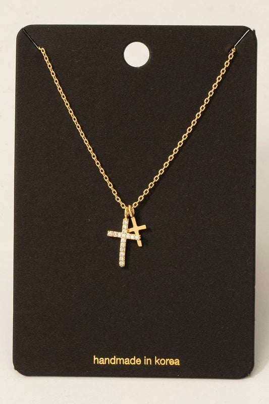 Cz Pave Double Cross Pendant Necklace Fame Accessories