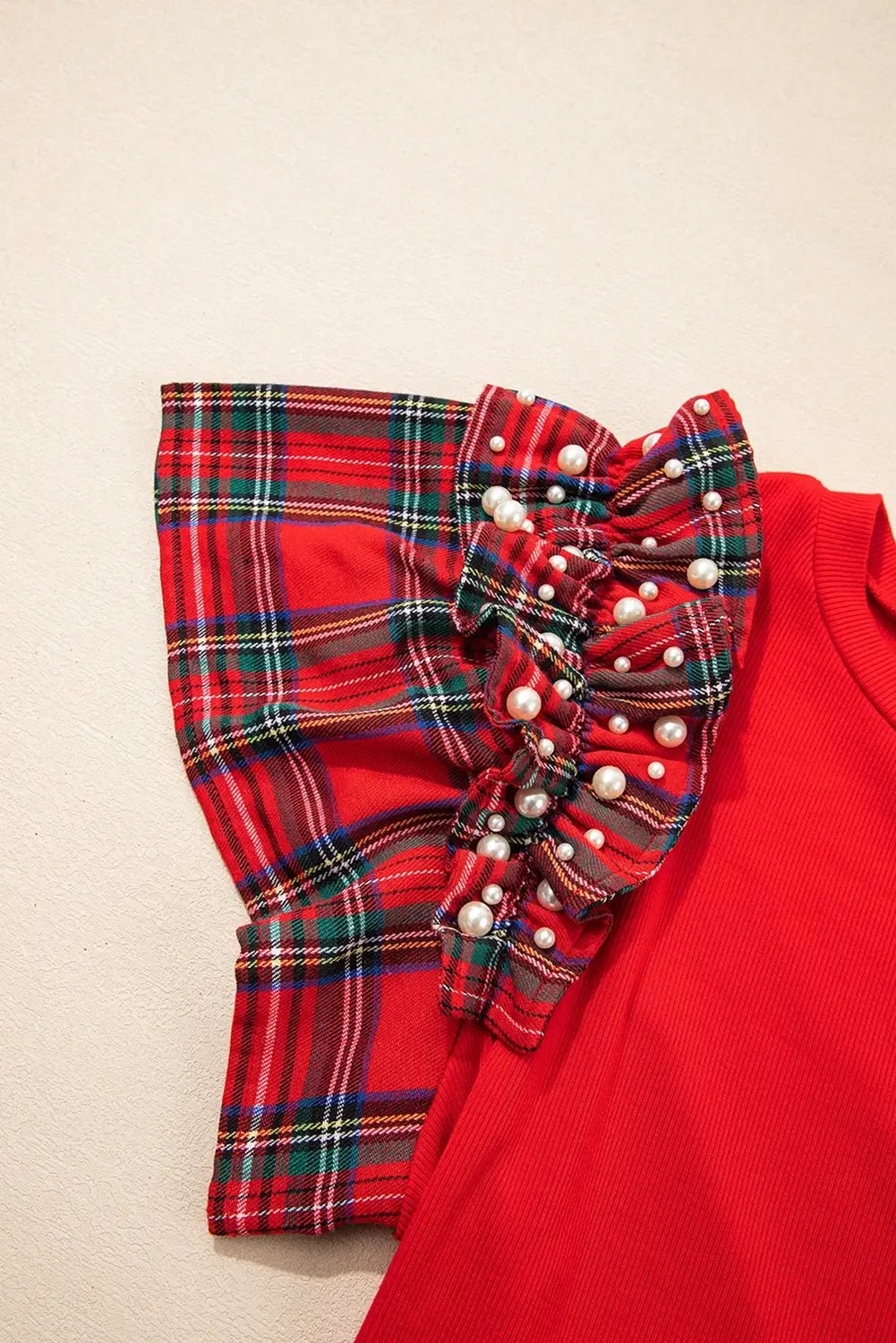 Patched Graphic Pearled Plaid Ruffled Sleeve Patchwork Tee FULL TIME PURCHASE