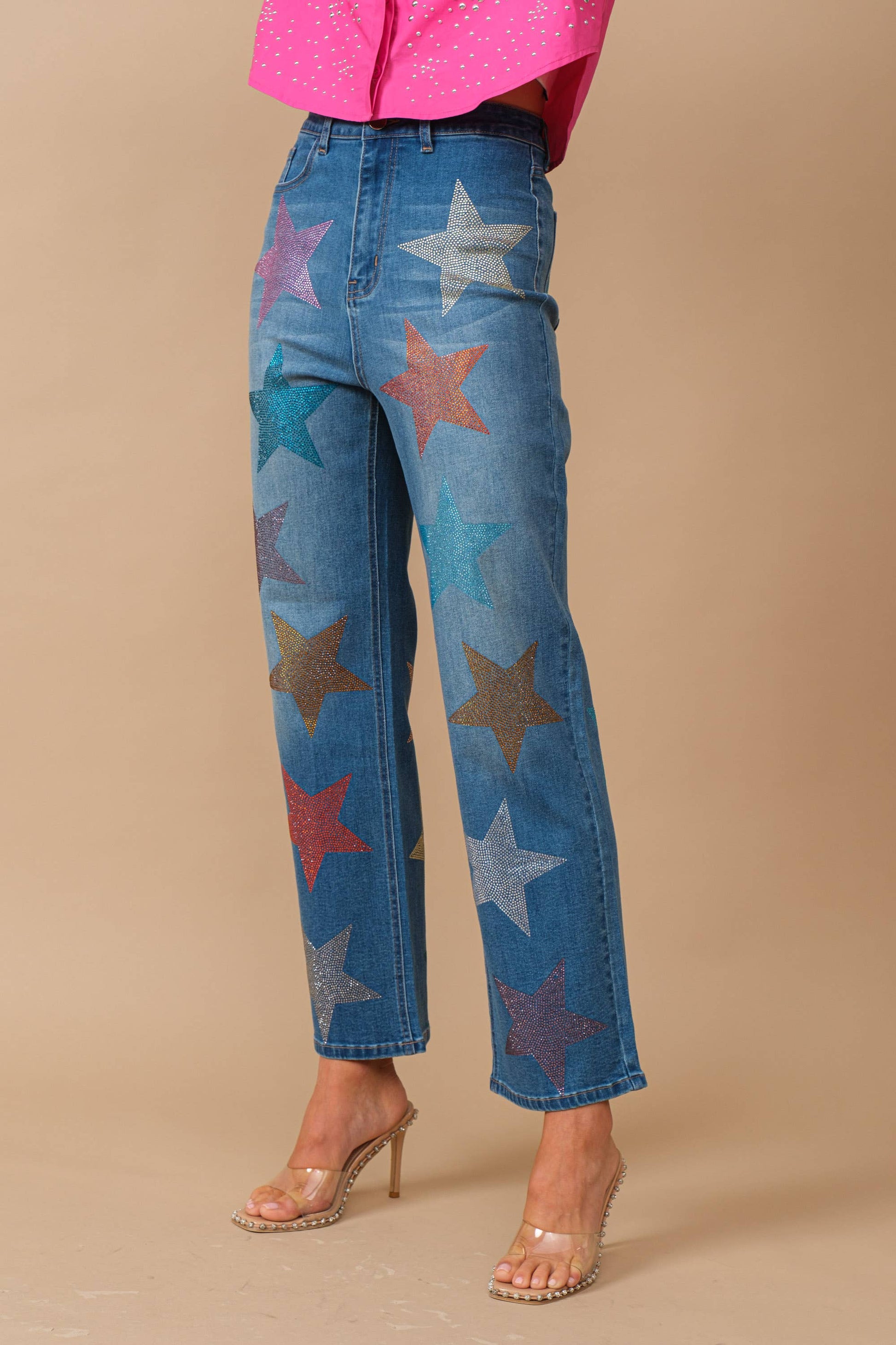 Star Rhinestone Embellishment Straight Leg Jeans Blue B