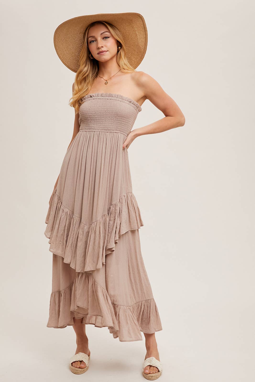 FINAL SALE- BOHO SMOCKED STRAPLESS TIERED RUFFLE MIDI DRESS