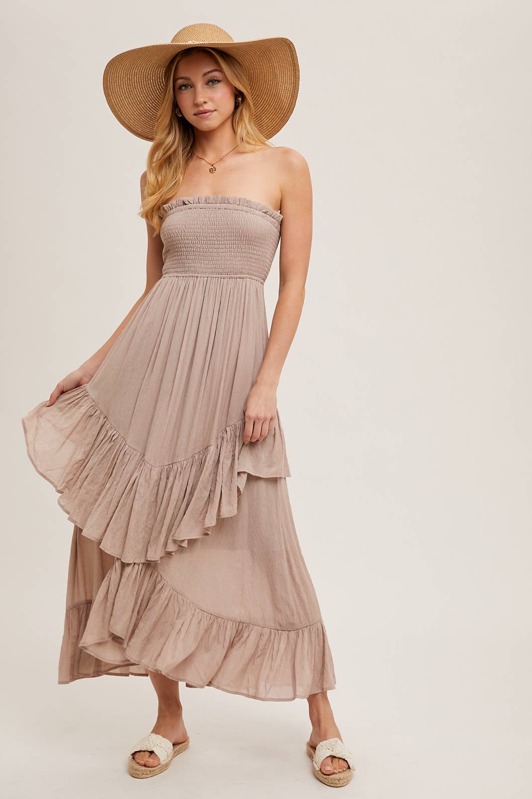 FINAL SALE- BOHO SMOCKED STRAPLESS TIERED RUFFLE MIDI DRESS