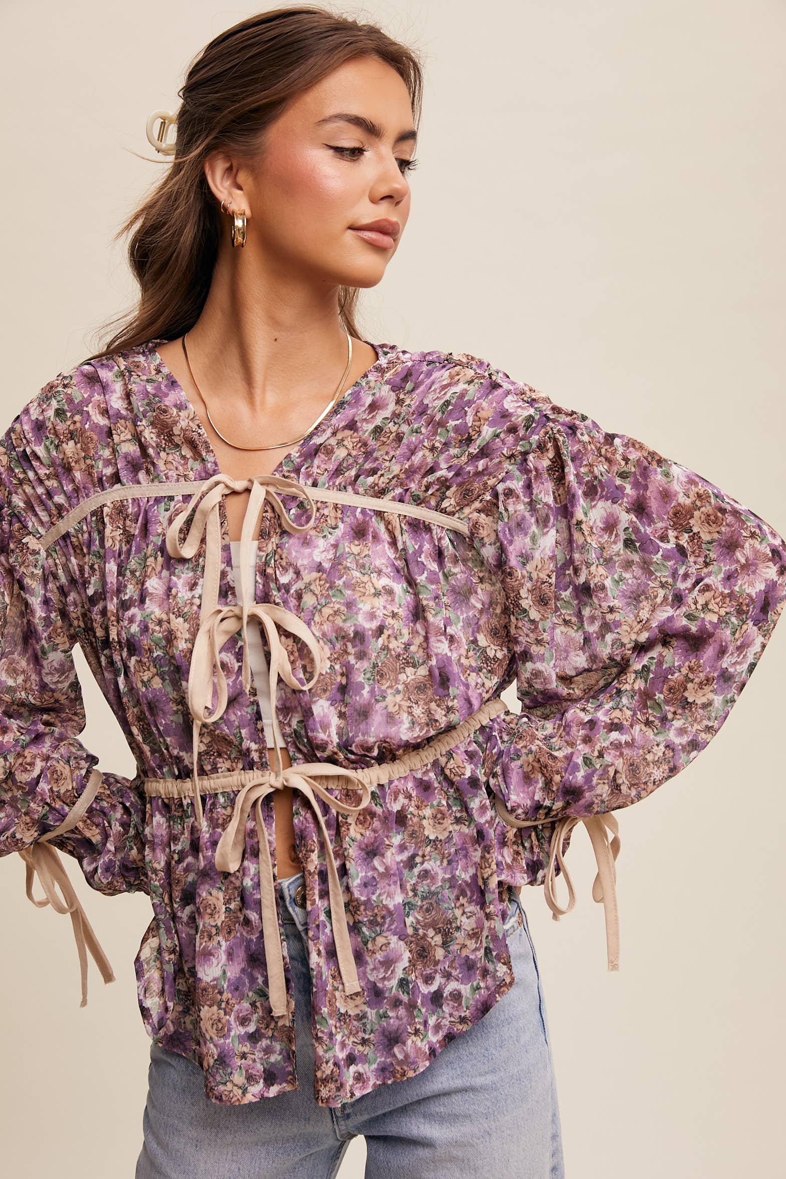 Floral Printed Sheer Blouse with Tie Accents Listicle