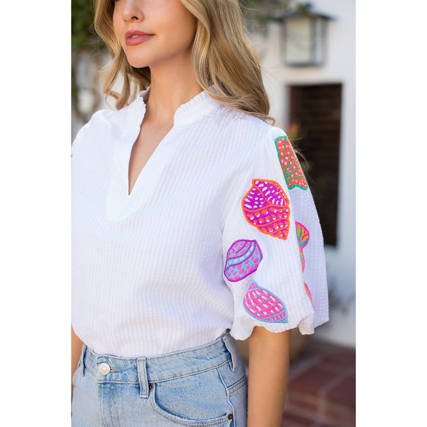 Embroidered Puff Sleeve Stripe Top