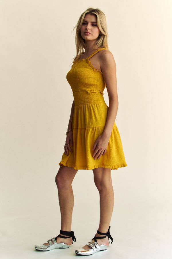 TEXTURED OPEN BACK SMOCKING CUT OUT MINI DRESS
