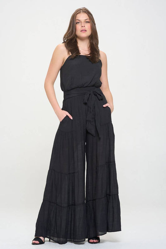 Women's Black ELASTIC STRAP TIERED JUMPSUIT