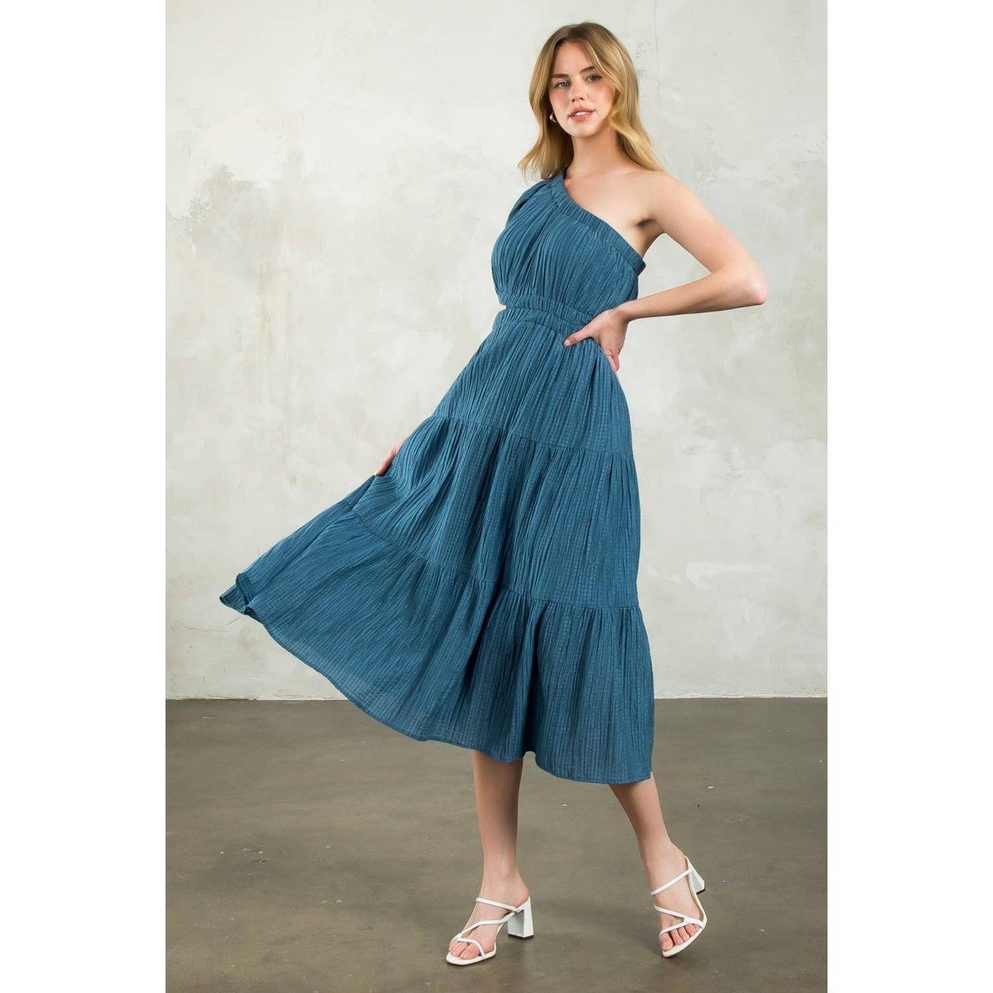 Women's One Shoulder Puff Sleeve Textured Dress