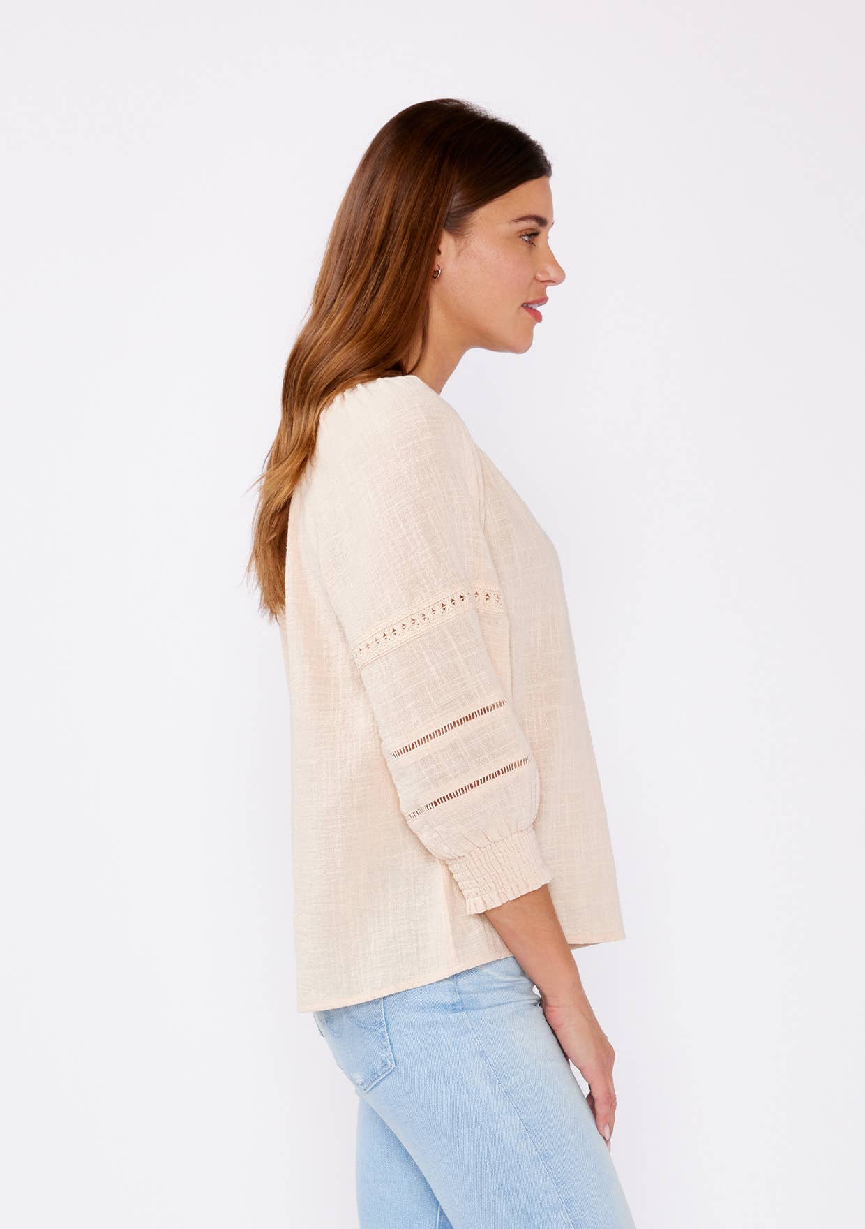 Smocked 3/4 Sleeve Lace Trim Blouse