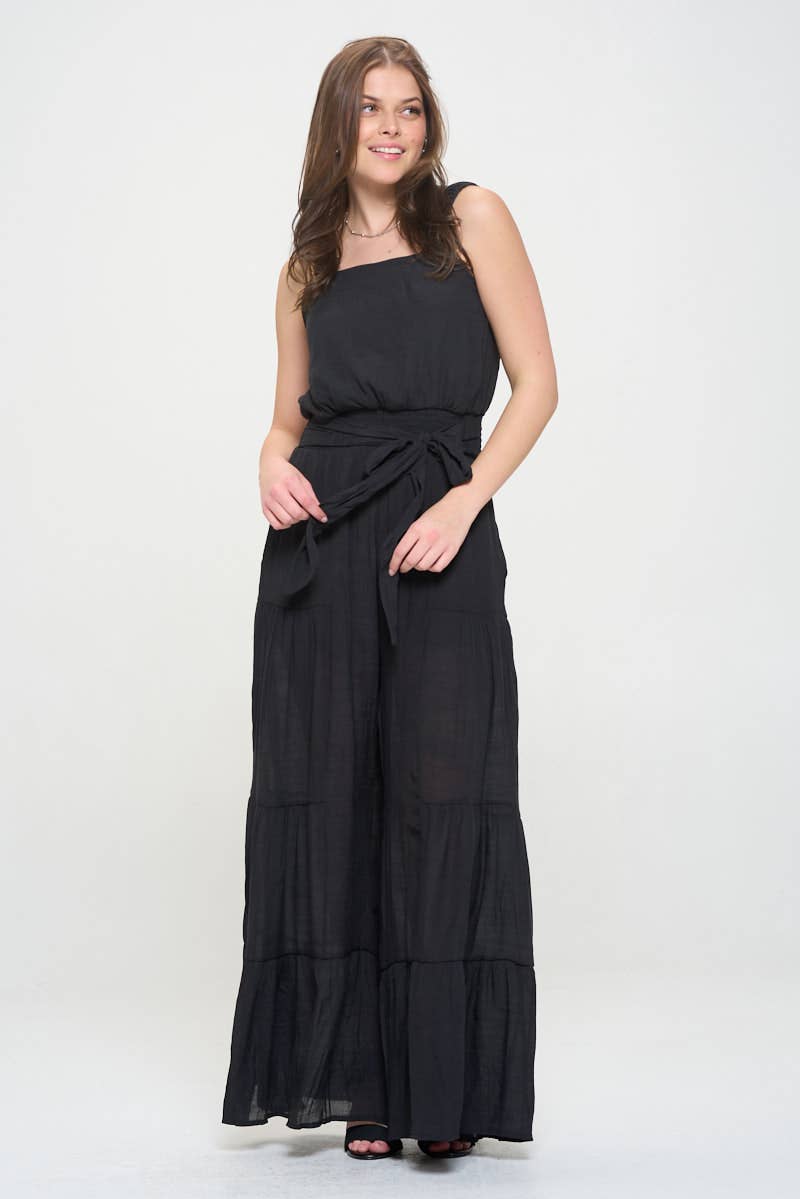 Women's Black ELASTIC STRAP TIERED JUMPSUIT