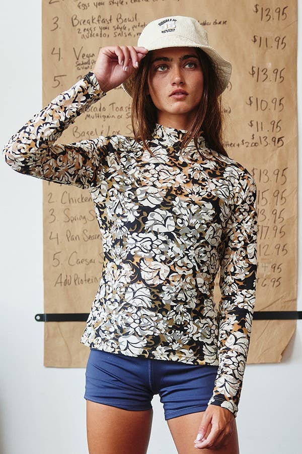 BUCKETLIST - Mock Neck Long Sleeve Slim Fit Floral Sheer Top - 926 West