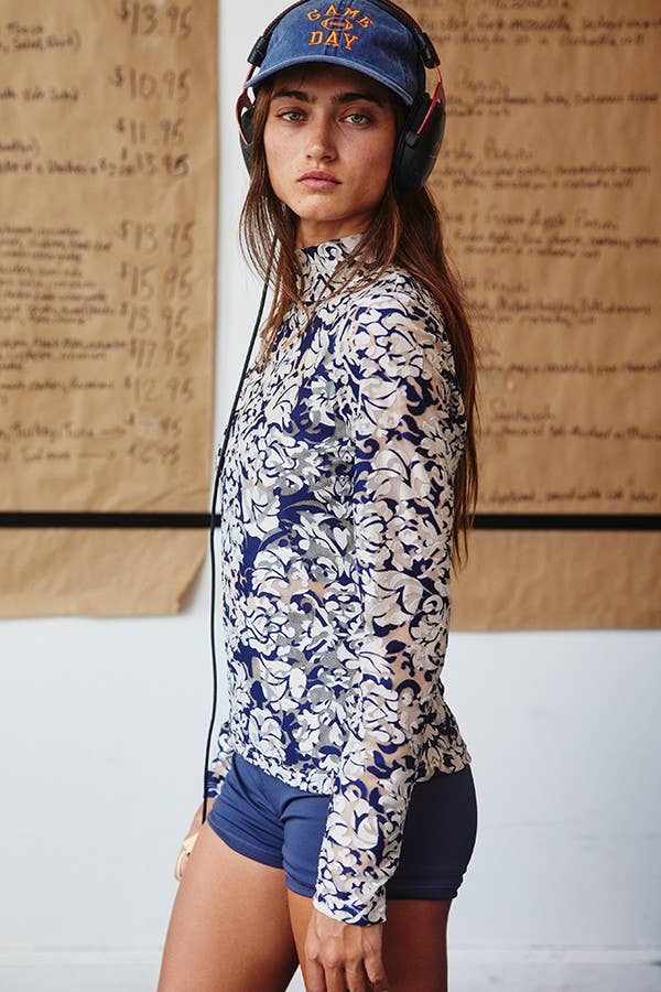 BUCKETLIST - Mock Neck Long Sleeve Slim Fit Floral Sheer Top - 926 West