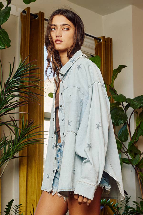 BUCKETLIST - Star Print Washed Denim Shirt Jacket Shacket - 926 West