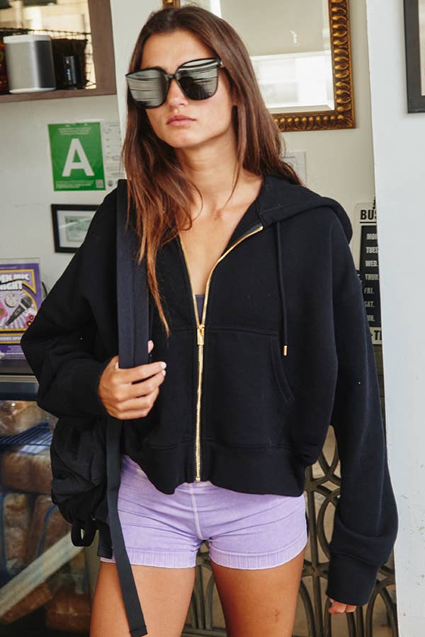 BUCKETLIST - Terry Zip - Up Cropped Solid Hoodie - 926 West