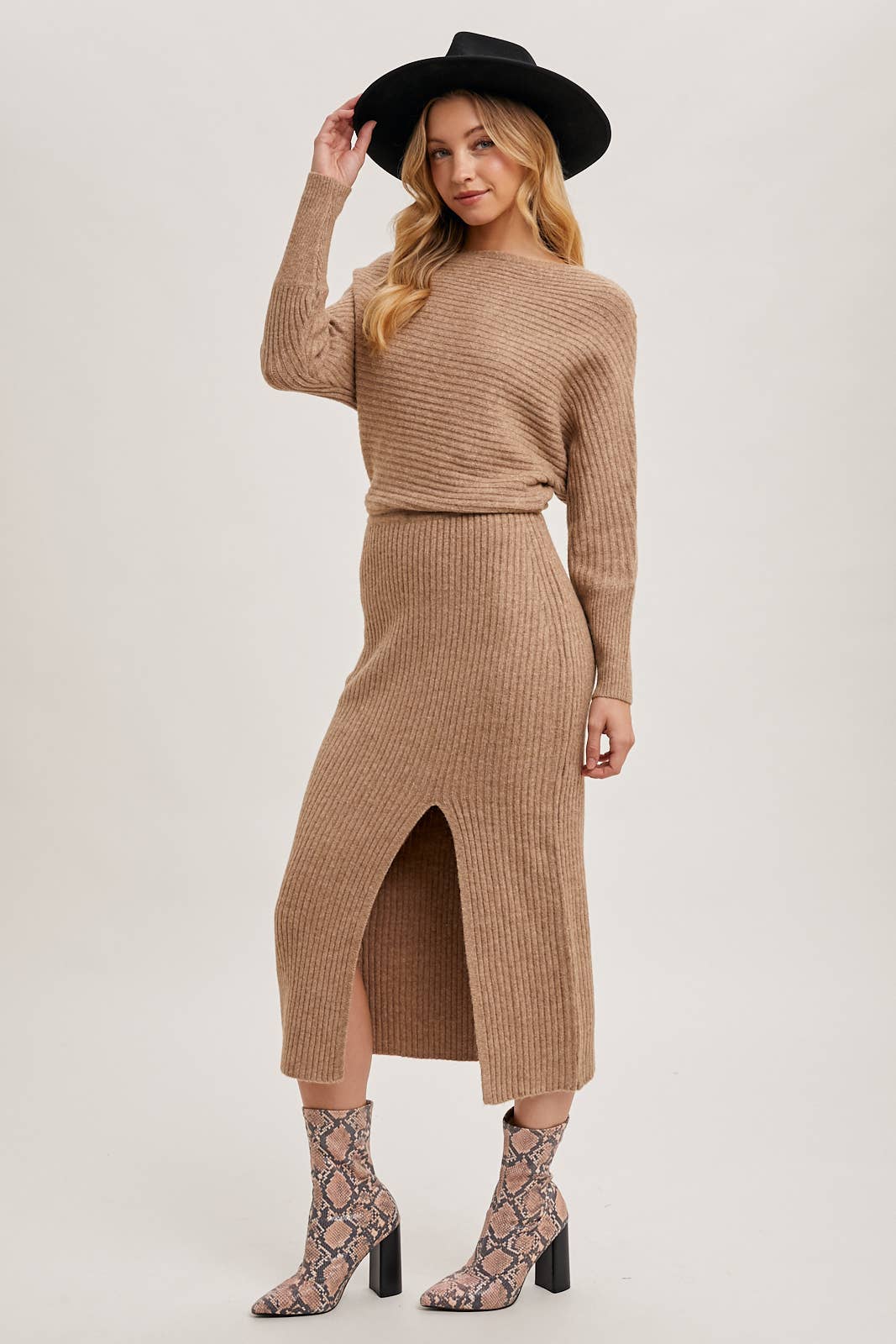 ONE SHOULDER OFF SIDE SLIT MIDI KNIT SWEATER DRESS Bluivy