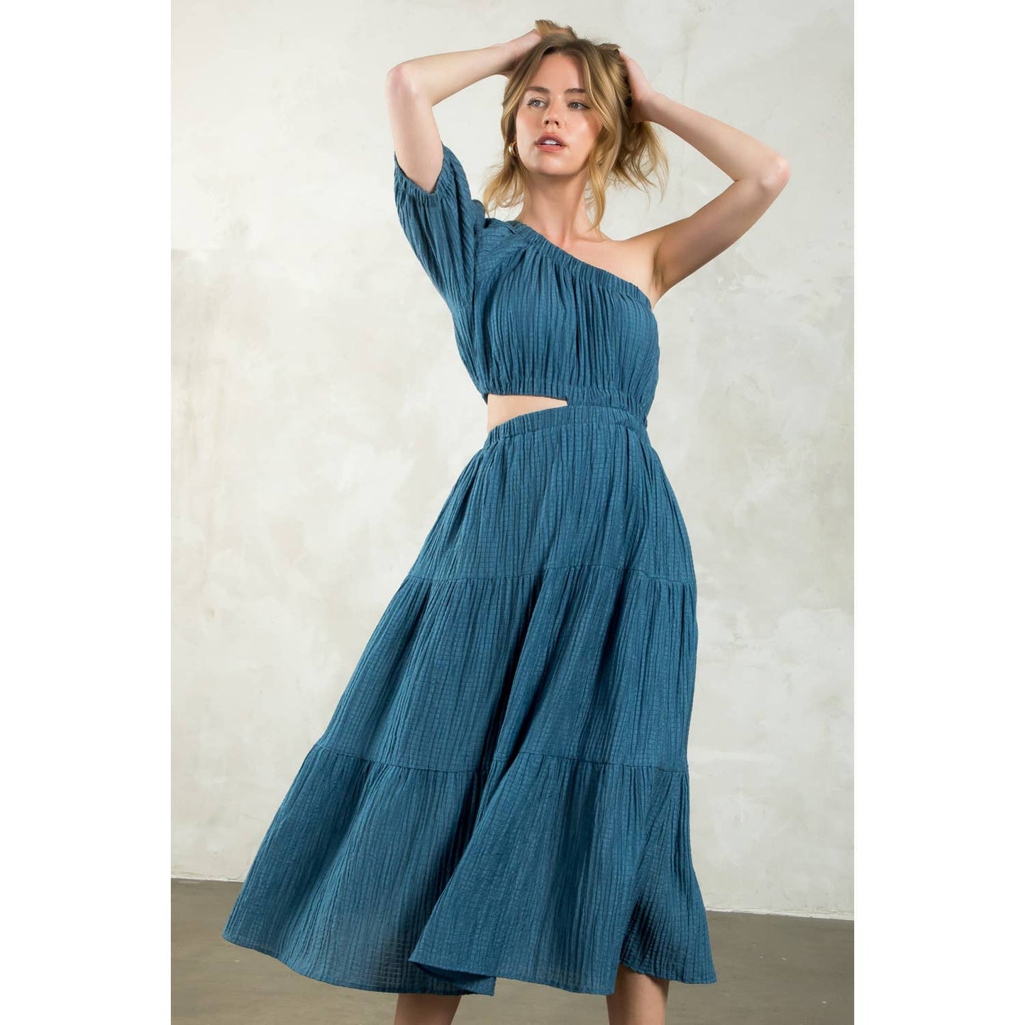 Women's One Shoulder Puff Sleeve Textured Dress