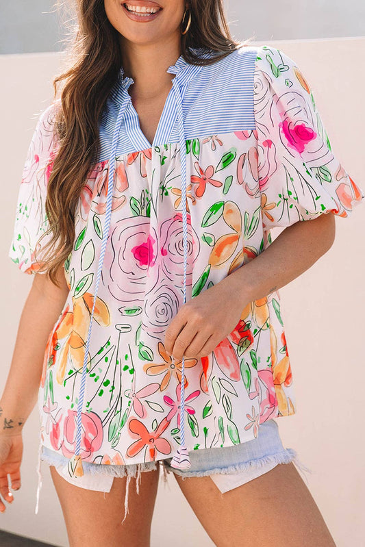 FINAL SALE- Floral Stripe Puff Sleeve Blouse