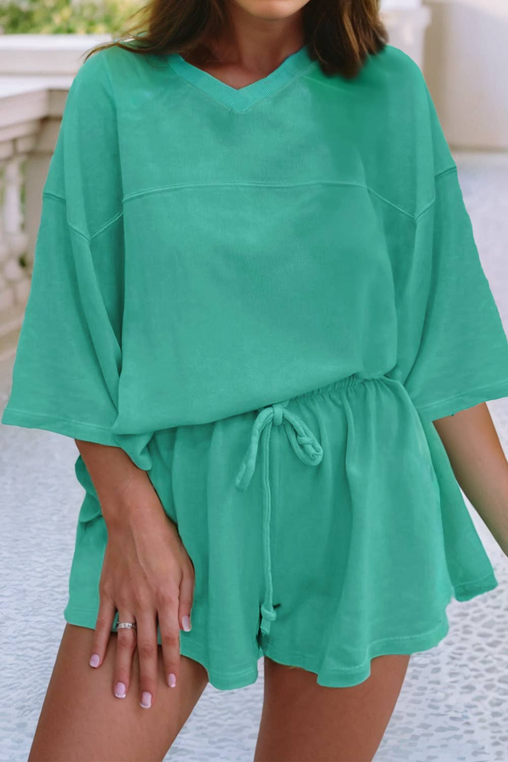 Solid Loose V Neck Half Sleeve Tee and Shorts