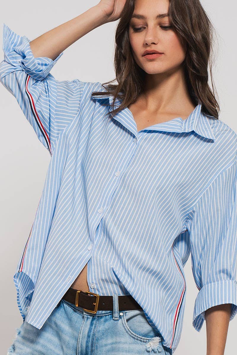 Striped Twill Tape Detail Statement Button Shirt