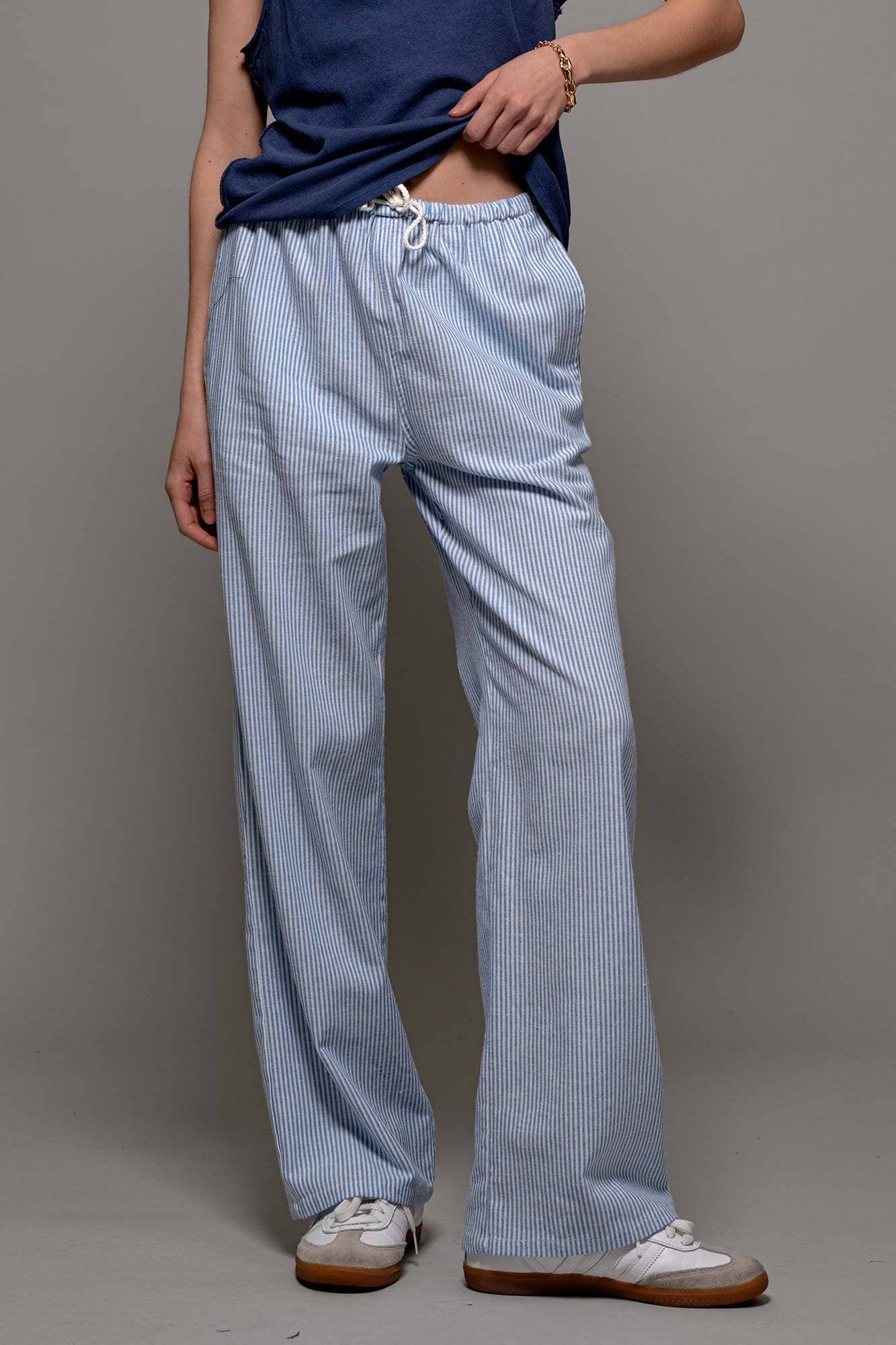 Blue Pinstripe Drawstring Wide Leg Lounge Pants