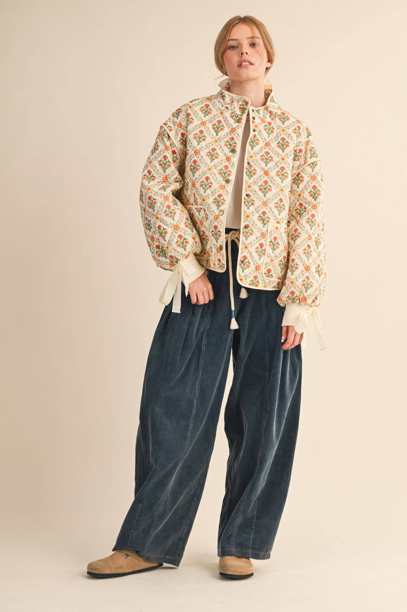 FLORAL QUILTED JACKET WITH RIBBON DETAIL MJK4431 &MERCI