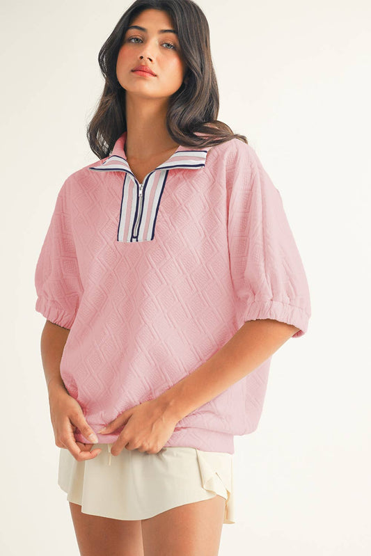 FINAL SALE- LDC Colorblock Zipper Collar Puff Sleeve Textured Blouse