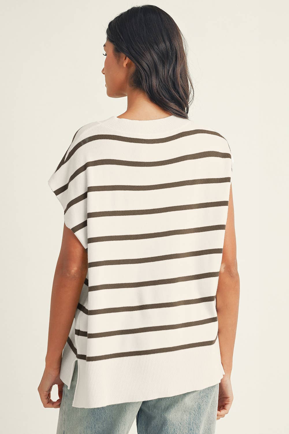 LDC Stripe Side Slits Crewneck Short Sleeve Sweater Tee