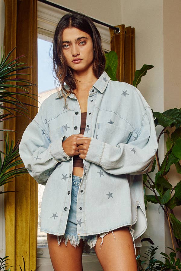 IT1590 Star Print Washed Denim Shirt Jacket Shacket BUCKETLIST