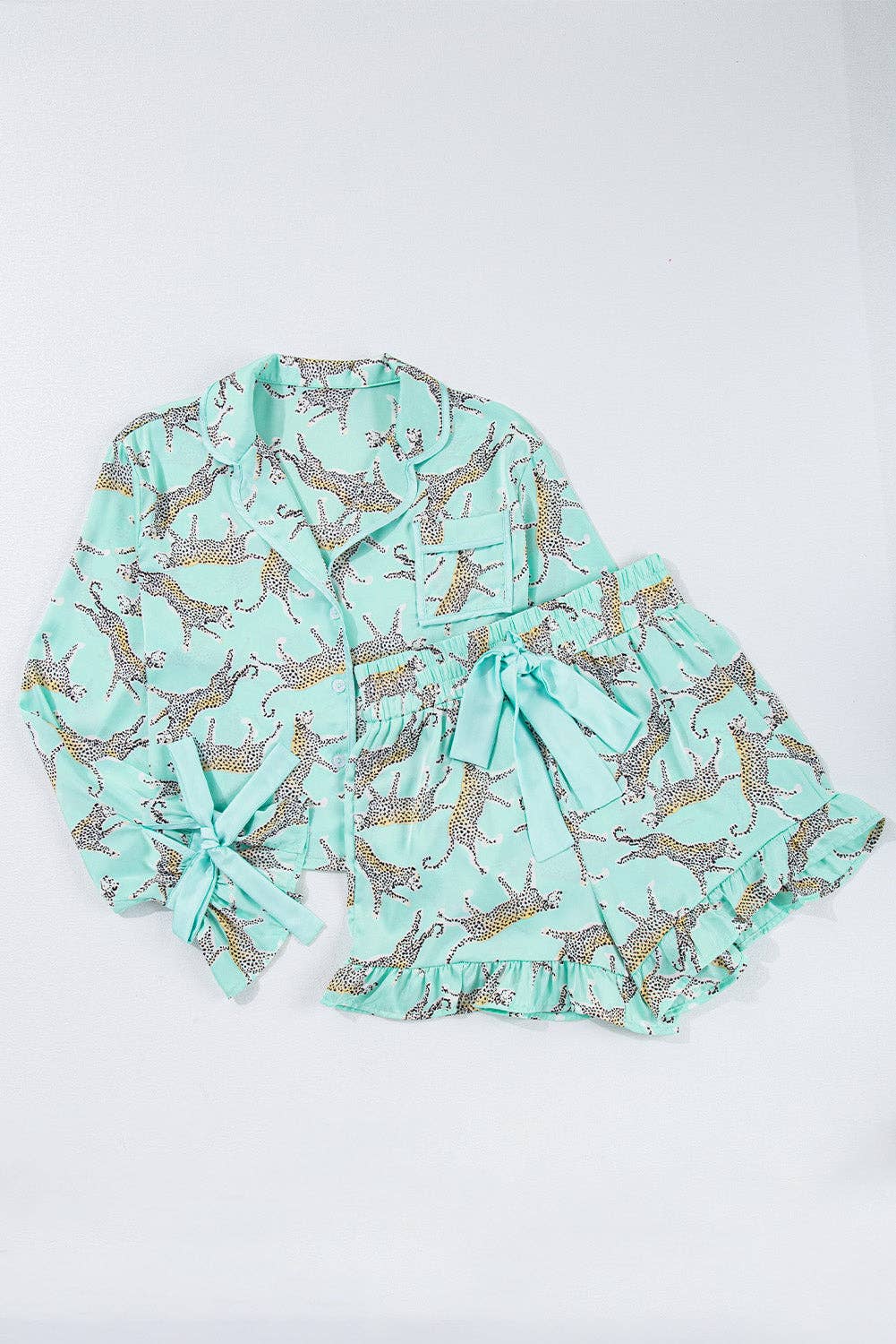 Womens Leopard Satin Ruffle Pajama Short Set
