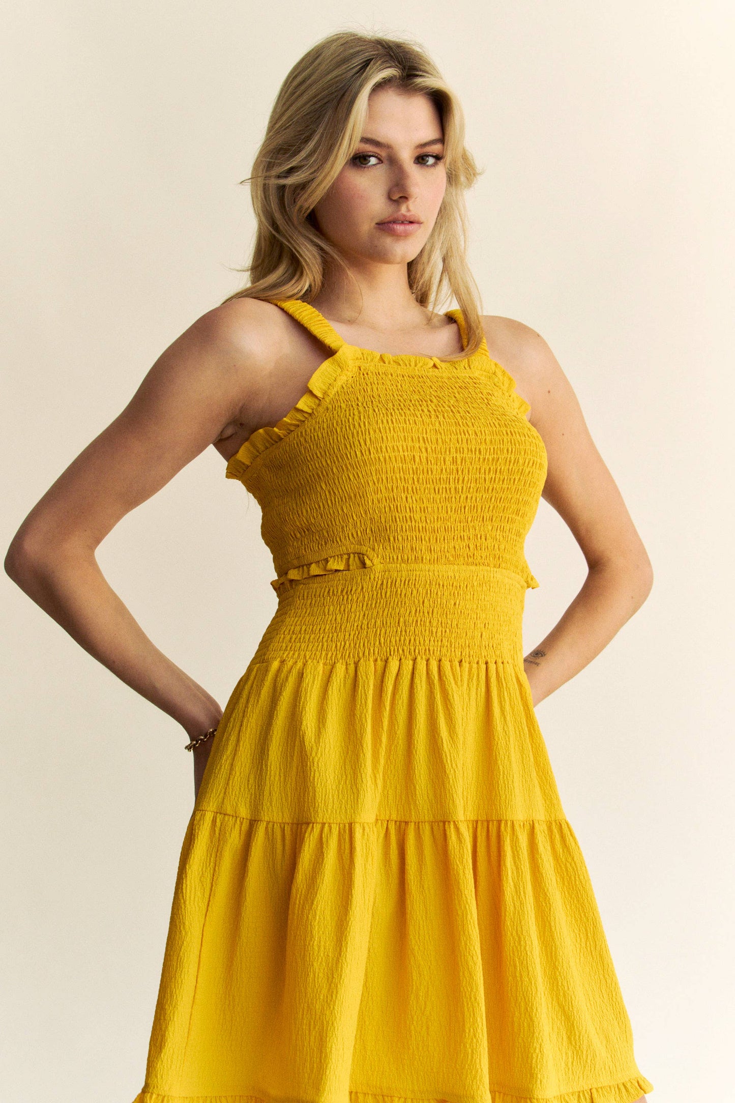 TEXTURED OPEN BACK SMOCKING CUT OUT MINI DRESS