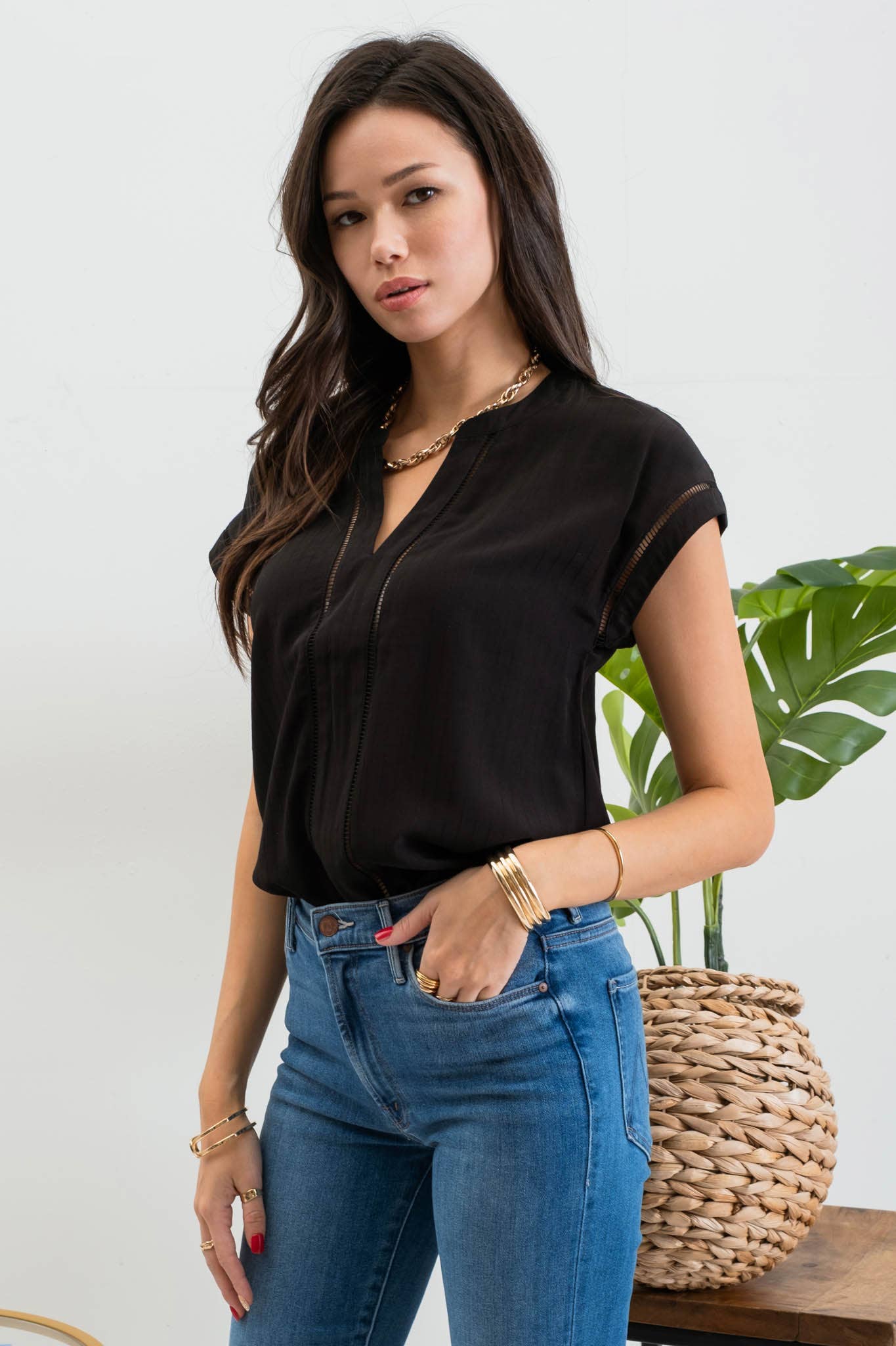 FINAL SALE- LACE TRIM SPLIT NECK TOP
