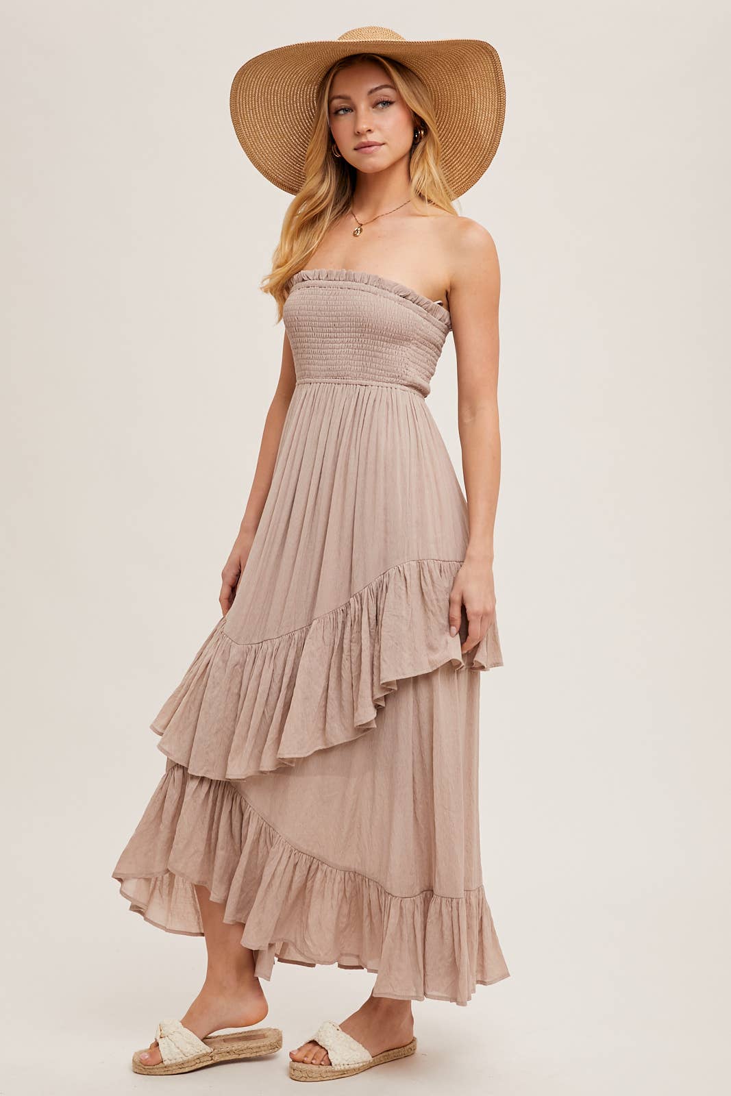 FINAL SALE- BOHO SMOCKED STRAPLESS TIERED RUFFLE MIDI DRESS