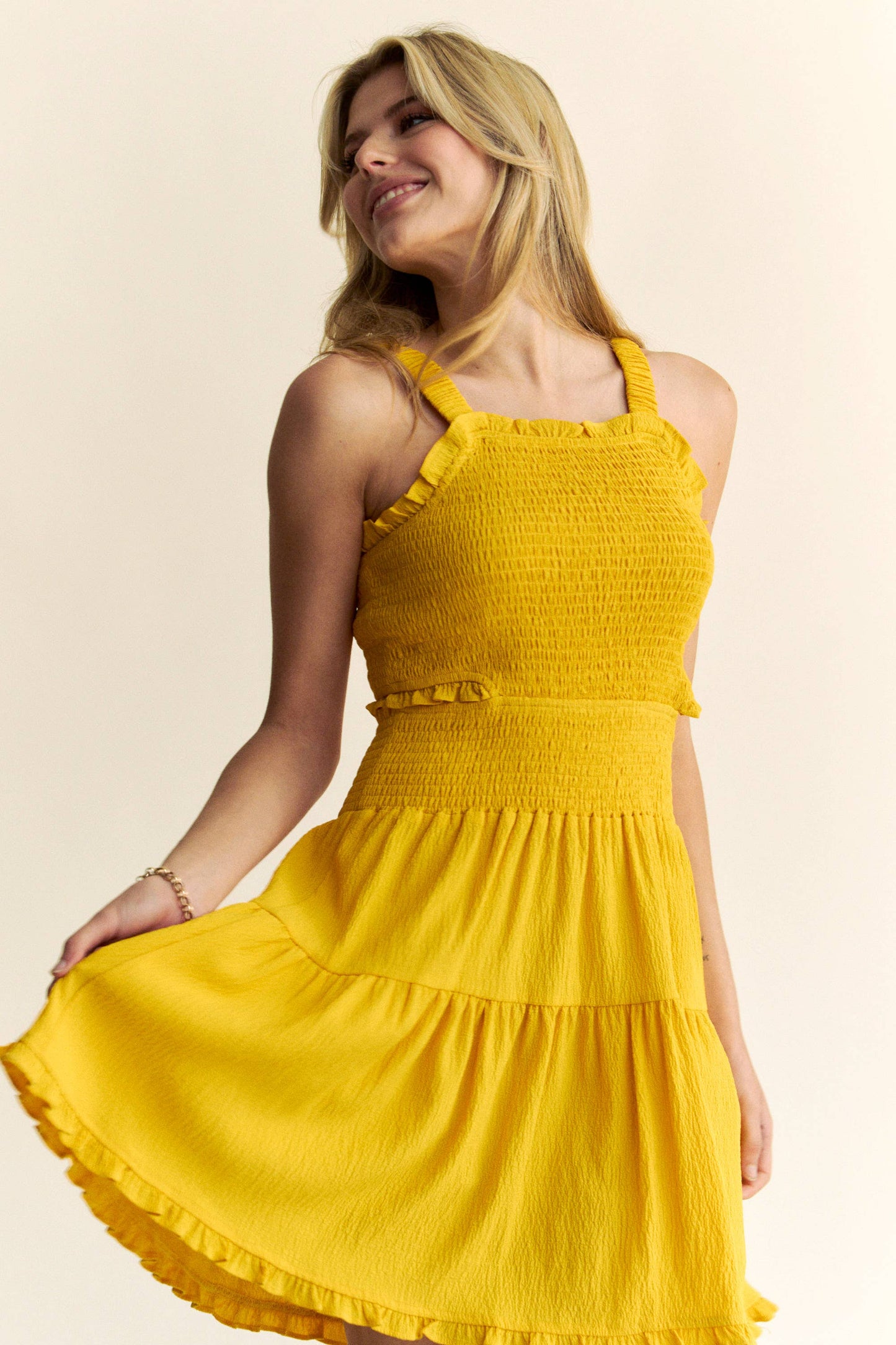TEXTURED OPEN BACK SMOCKING CUT OUT MINI DRESS