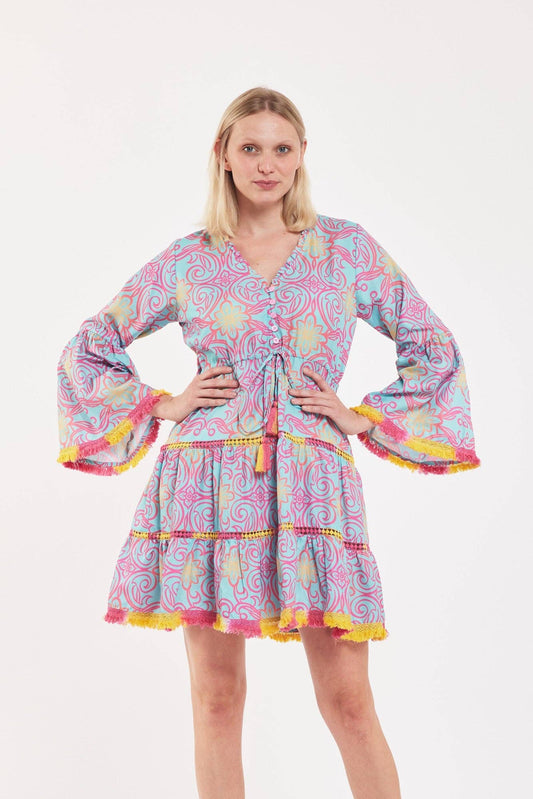 FINAL SALE- Desideria Dress Majolica Arbor Blue Red Gold Spring Summer