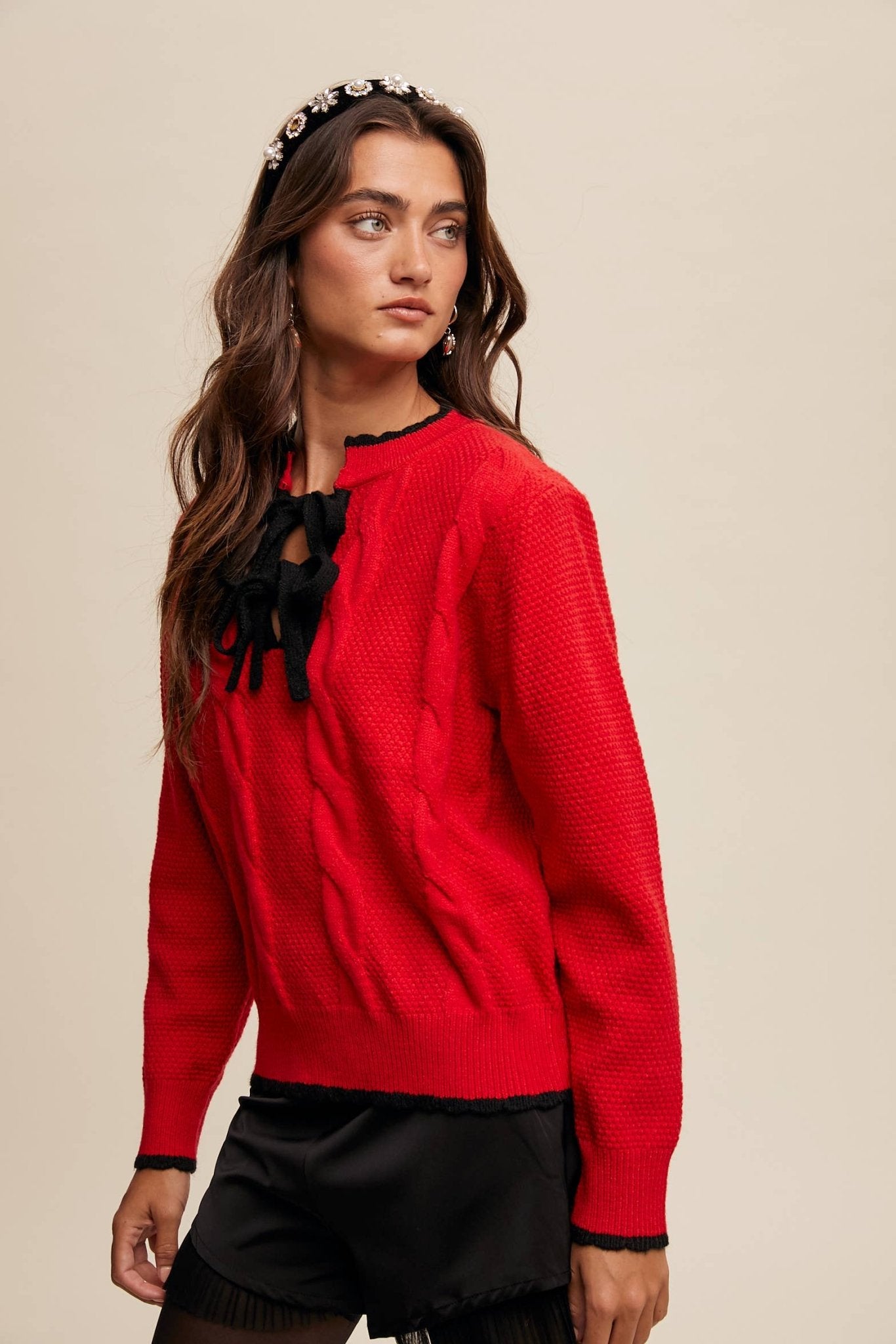 Contrast Bow - Tie Knit Pullover Sweater - 926 West