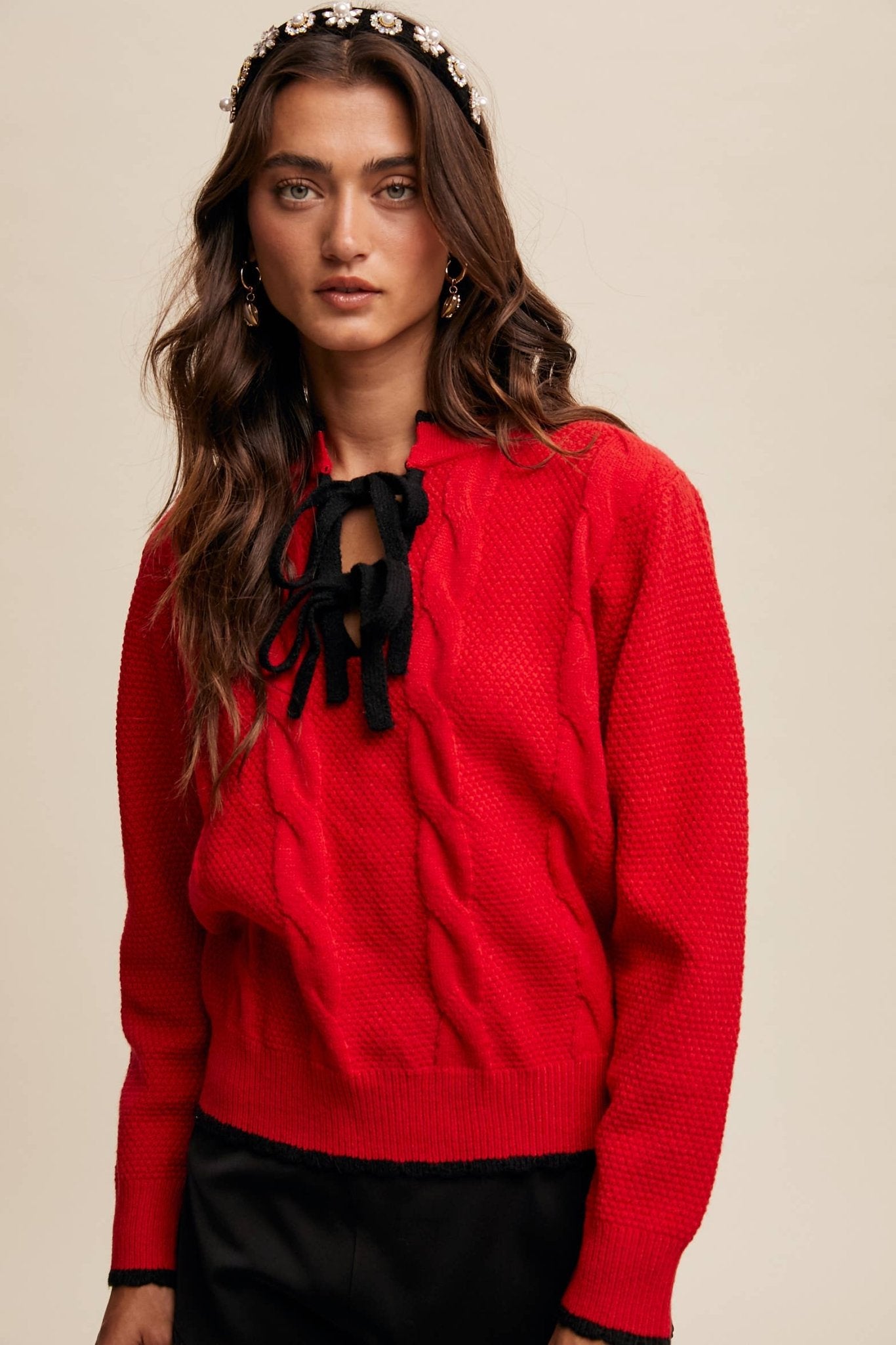 Contrast Bow - Tie Knit Pullover Sweater - 926 West