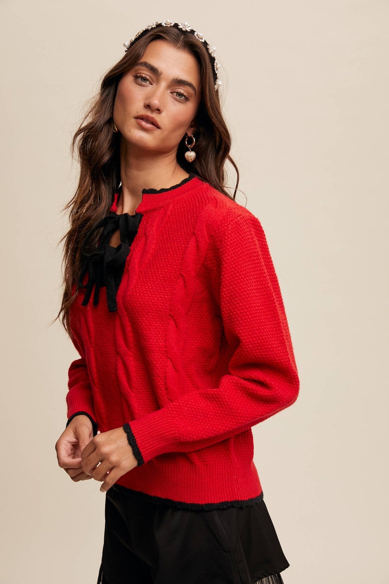 Contrast Bow - Tie Knit Pullover Sweater - 926 West