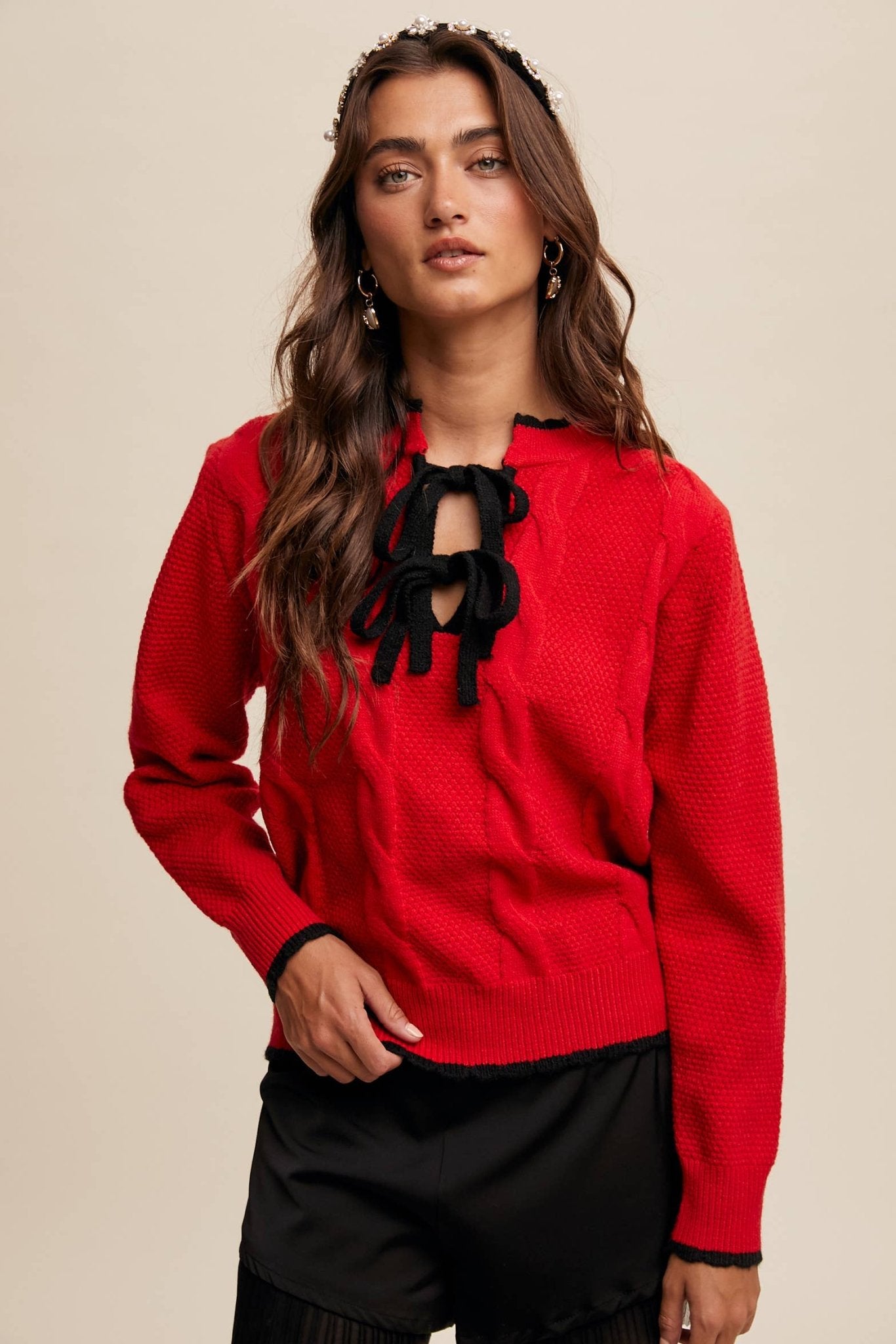 Contrast Bow - Tie Knit Pullover Sweater - 926 West