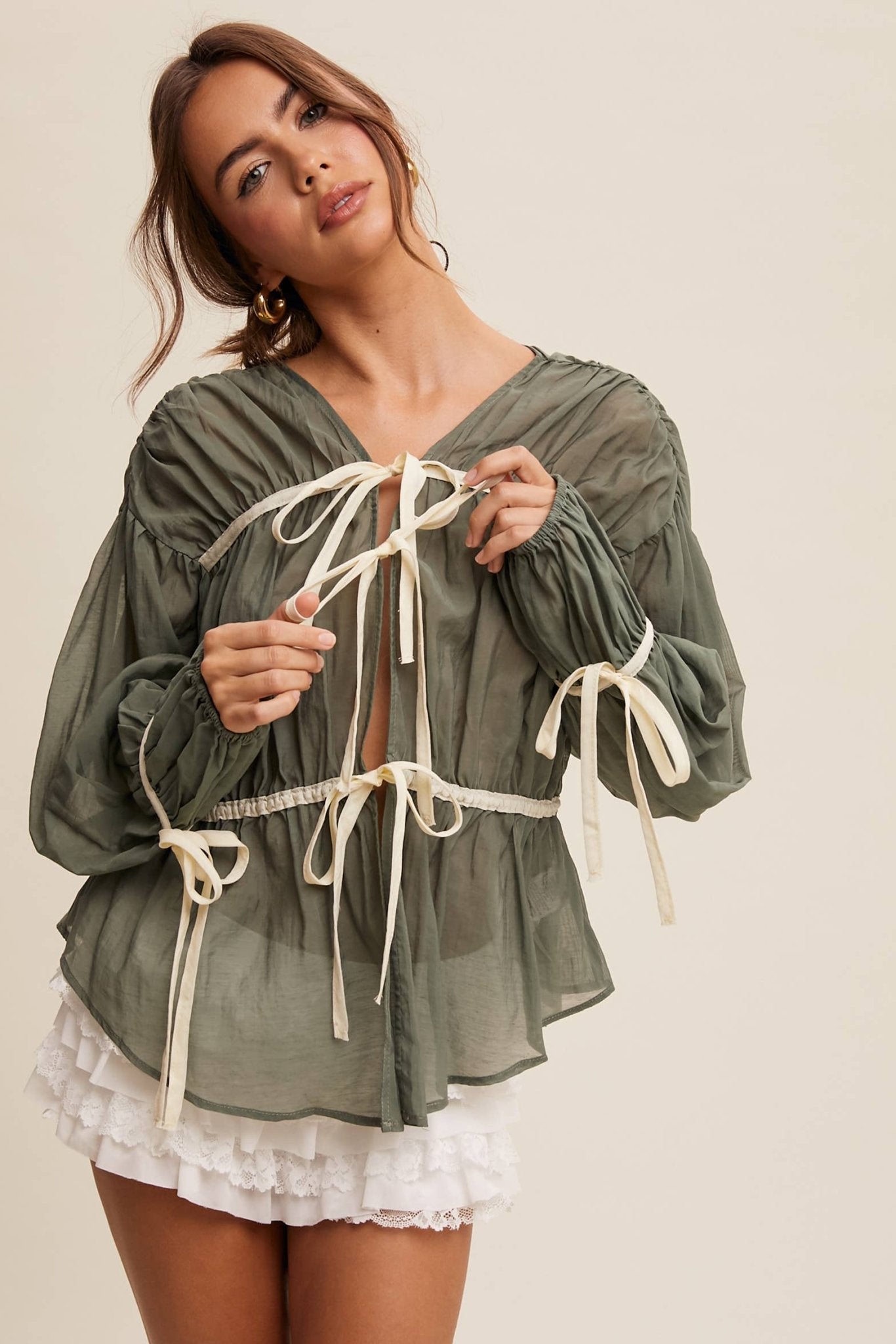Contrast Trim Ribbon Tie Blouse - 926 West