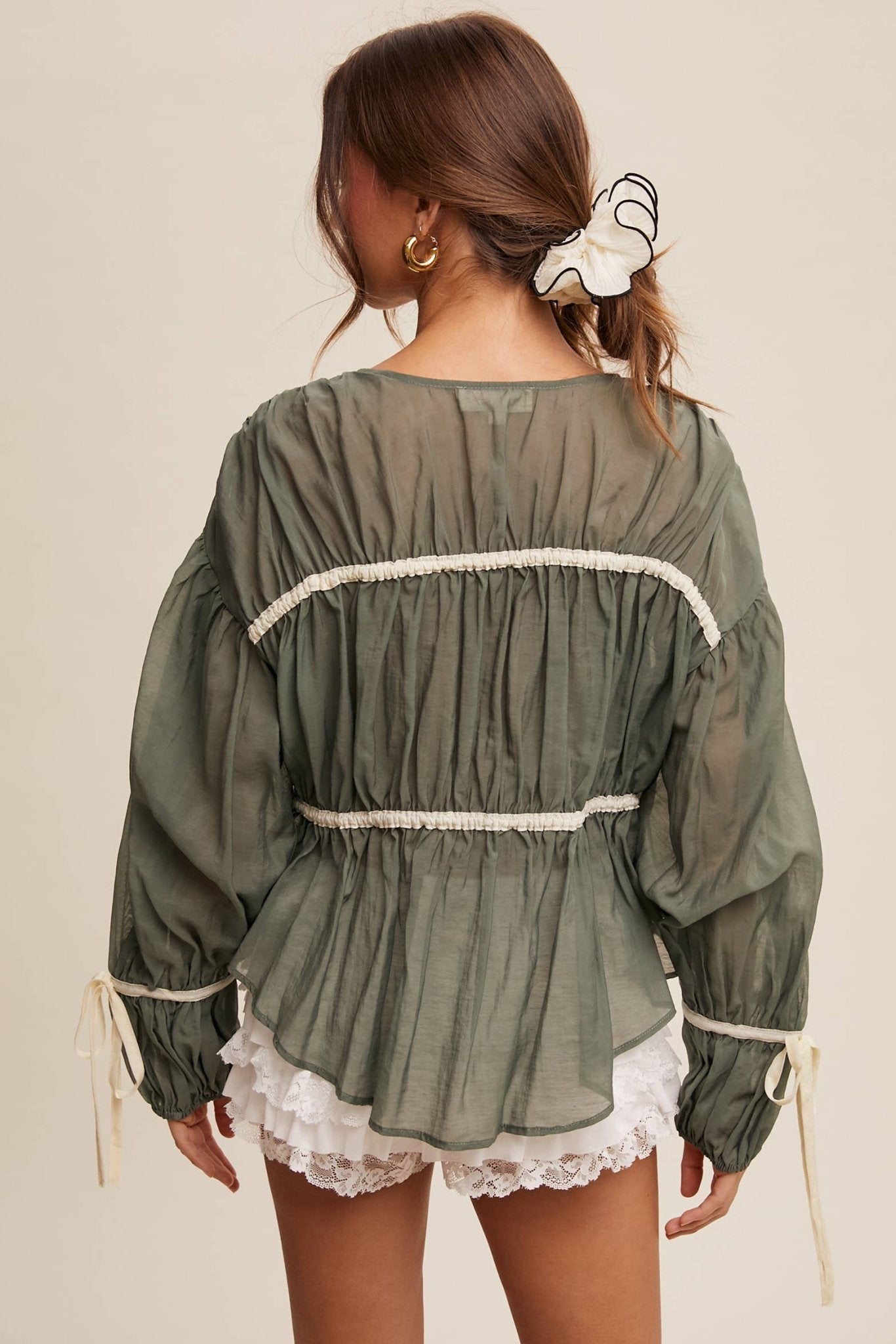 Contrast Trim Ribbon Tie Blouse - 926 West